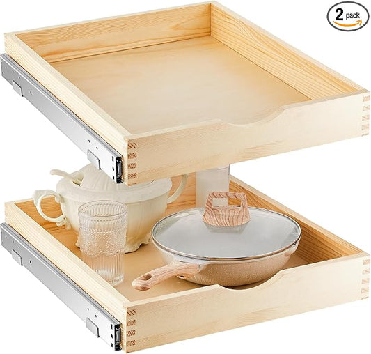 2 Set Wooden Pull out Cabinet Organizer Fully Assembled Slide out Pantry Drawer with Gentle Close Storage Shelf Tray for Base Kitchen Under Sink Bathroom Accessory(Wood Color,18'' X 21'' X 3'') by Menkxi