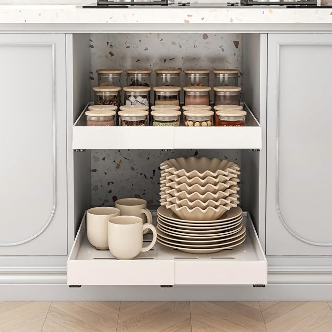 THMINS 2 Pack Expandable Pull Out Cabinet Organizer, 16" Deep Expandable (12.6" - 20.5") 3 Heavy Duty Slide Drawers Pull Out Drawers for Kitchen Storage Cabinet (White) - Image 8
