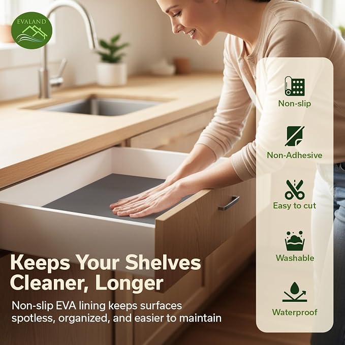 EVALAND Shelf Liner Cabinet Liner Non-Adhesive Drawer Liner 12 in x 33 FT | Non-Slip, Washable, Waterproof, Fridge Liners, Contact Paper, Shelf Liners for Cabinets, Kitchen, Refrigerator, Gray - Image 2