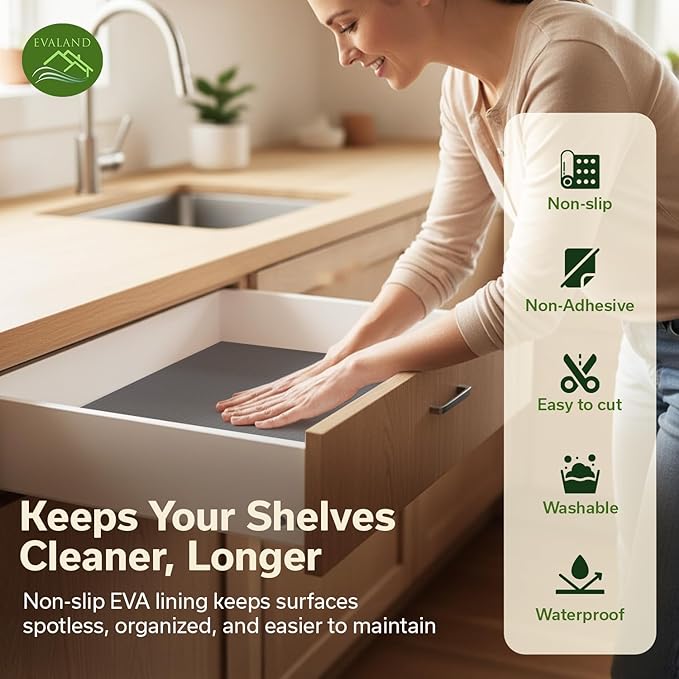 EVALAND Shelf Liner Cabinet Liner Non-Adhesive Drawer Liner 12 in x 33 FT | Non-Slip, Washable, Waterproof, Fridge Liners, Contact Paper, Shelf Liners for Cabinets, Kitchen, Refrigerator, Gray - Image 3
