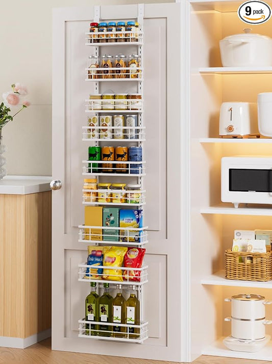 Delamu 9-Tier Over the Door Pantry Organizer, Adjustable Pantry Door Organizers and Storage, Metal Hanging Basket Wall Spice Rack Seasoning Organizer, Door Organizer Kitchen Bedroom Bathroom,12"White by DELAMU