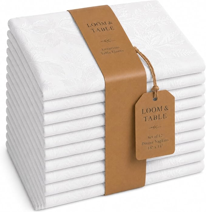 Koa White Polycotton Napkins by Loom & Table - Set of 12 - Elegant, Wrinkle-Resistant, Machine Washable – Luxury Napkin for Dining Room, Weddings, Dinner Parties, Holidays, Birthdays - 18 X 18 by LoomandTable