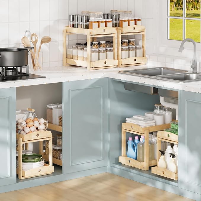 Bamboo Under Sink Organizer 2 Tier Pull Out Cabinet Storage Drawer - Image 5