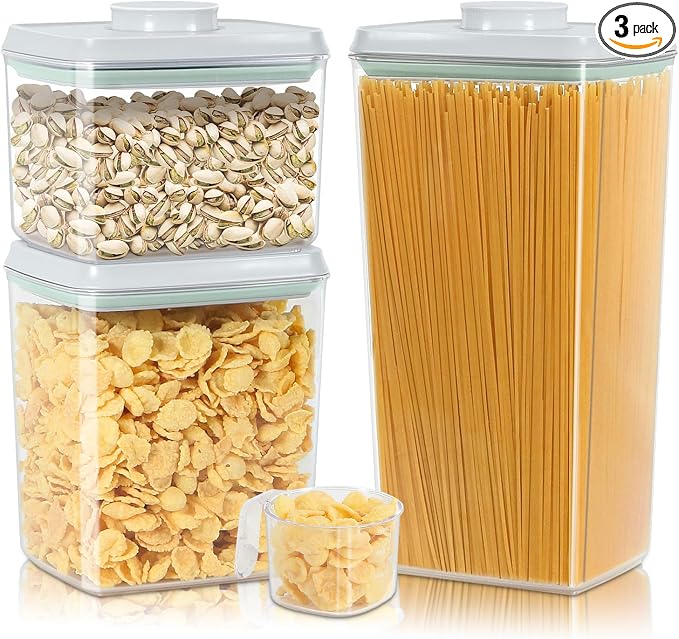 3 Pack Pasta Sugar Storage Containers with Pop-up Lid 1.26 + 2.11 + 3.48 Qt | Airtight Food Storage Container for Flour, Rice, Spaghetti, Nuts, Snack, Candy, Dog Treat, Kitchen Pantry Organization by TBMAXS