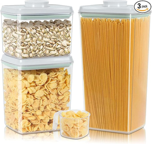 3 Pack Pasta Sugar Storage Containers with Pop-up Lid 1.26 + 2.11 + 3.48 Qt | Airtight Food Storage Container for Flour, Rice, Spaghetti, Nuts, Snack, Candy, Dog Treat, Kitchen Pantry Organization by TBMAXS