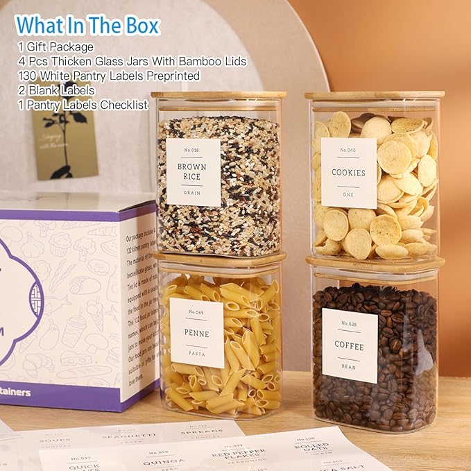 4 Pack Square Glass Pantry Storage Containers with 132 Kitchen Food Pantry Labels - 34 floz Clear Glass Pantry Jars with Airtight Wood Bamboo Lids - Glass Canisters for Tea, Cereal, Coffee, Spice - Image 2