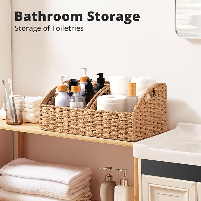 OIAHOMY Pantry Baskets for Organizing, Paper Rope Baskets with Built-in Handles, Wicker Storage Baskets for Shelves, 3 Pack-Yellow - Image 2