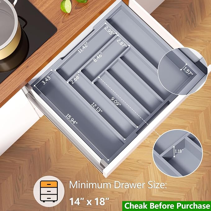 Pipishell Bamboo Expandable Drawer Organizer for Utensils Holder, Adjustable Cutlery Tray, Wood Drawer Dividers Organizer for Silverware, Flatware, Knives in Kitchen, Bedroom, Living Room(Grey) - Image 2