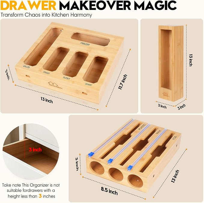 Bamboo Ziplock Bag Organizer for Kitchen Drawer & Wall Mount, Food Storage Baggie Holder, Fits Gallon Quart Sandwich Snack Freezer & Slider Bags, No Assembly, 9 in 1,Natural Color - Image 2