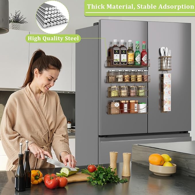 Magnetic Spice Rack for Refrigerator, 6 Pack Strong Magnet Spice Organizer with Paper Towel Holder, Utensil Holder, Moveable Magnetic Fridge Shelf for Kitchen Organization and Storage (Brown) - Image 5