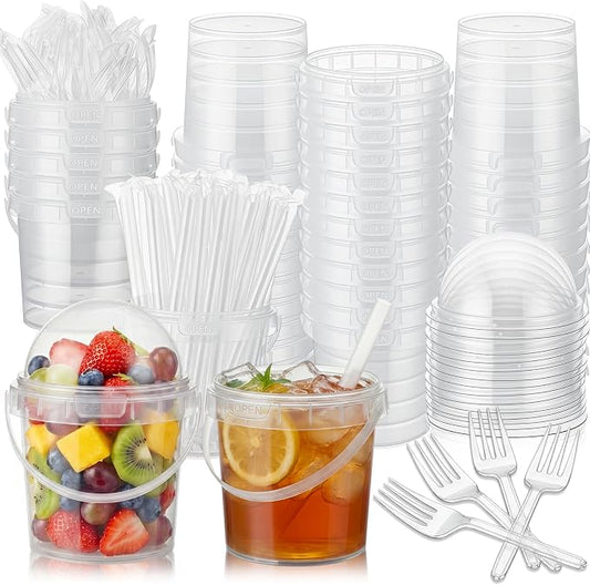 50 Pcs Bucket Cups Bulk Reusable Plastic Drink Buckets with Lids Dome Forks and Straws 32 oz Ice Cream Freezer Food Storage Containers for Popcorn Pail Outdoor Travel Beverage Party Picnic by Purpeak