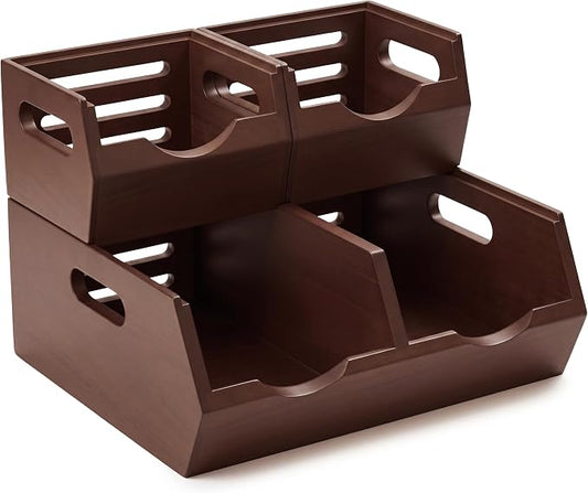 HOMESTEAD Stackable Solid Wood Storage Bins for Kitchen Pantry & Countertop, Ventilated Potato and Onion Basket Organizer with Handles, Wooden Produce Storage Containers, 3-Pack, Chestnut Finish by Homestead