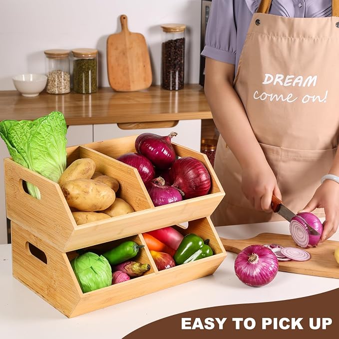 2 Set Bamboo Storage Bins, Pantry Organizers and Storage, Kitchen Countertop Organization and Storage Basket for Produce, Onions, Potatoes, Garlic, Fruits, Vegetable and Bread - Image 2