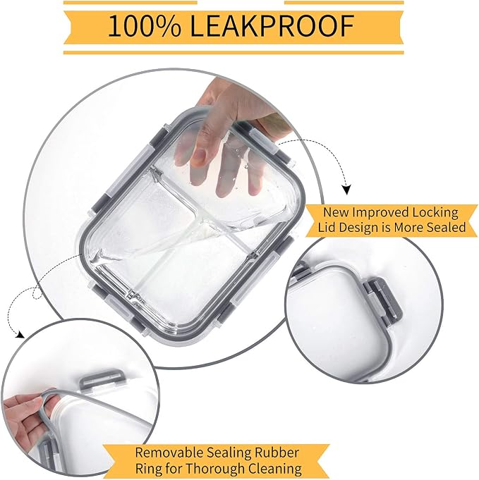 Bayco 8 Pack Glass Meal Prep Containers 3 Compartment, Glass Food Storage Containers with Lids, Airtight Lunch Bento Boxes, Leak Proof (8 lids & 8 Container) - Grey - Image 3