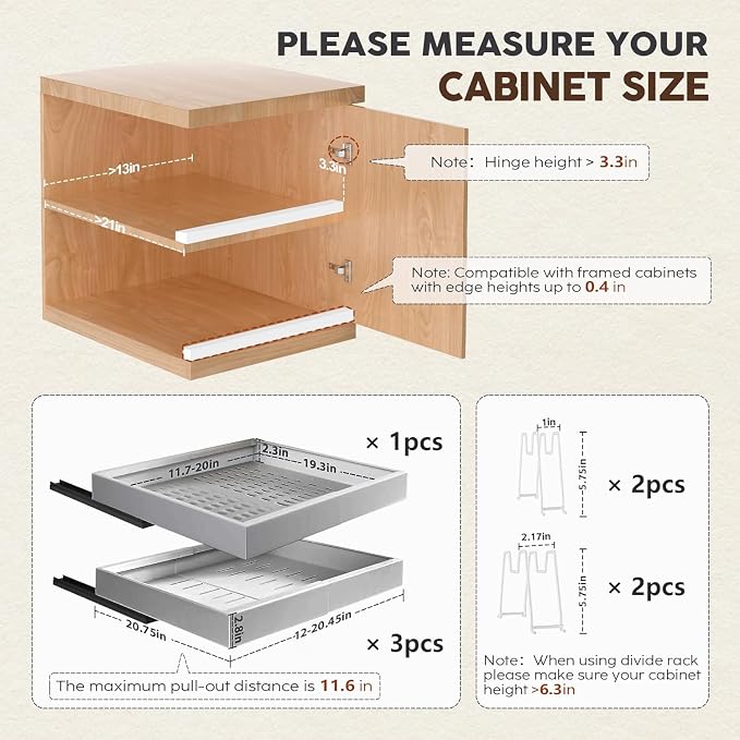 Seinloes 4 Pack Pull Out Cabinet Organizers 21" Deep With Raising Pad for Framed Cabinets, Expandable Slide Out Drawers with 4pcs Divider Racks, Roll Out Shelves, Adjustable Width 12"-20.45" Silver - Image 3