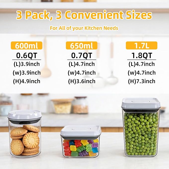 Pop Push Button Airtight Food Storage Containers with Lids | 3 Sizes: 0.65/0.7/1.8Qt for Cereal Flour Sugar Snacks Pet Food, BPA-Free Space-Saving Pantry Kitchen Canisters - Image 3