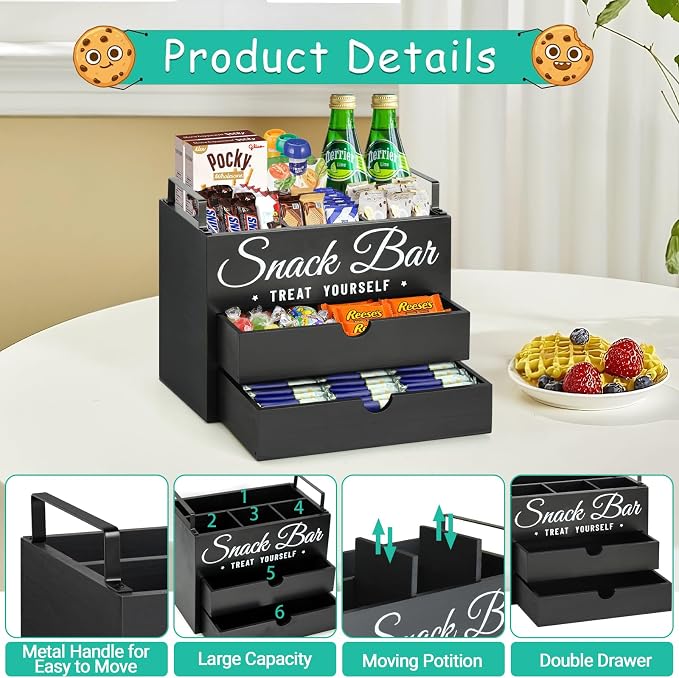 Snack Organizer for Countertop, Wood Pantry Storage Bins with Handles, Snack Organizer for Pantry, Kitchen, 4 Compartment Food Container Snack Box with 2 Drawers, Pantry Organizer for Snacks, Chips - Image 6