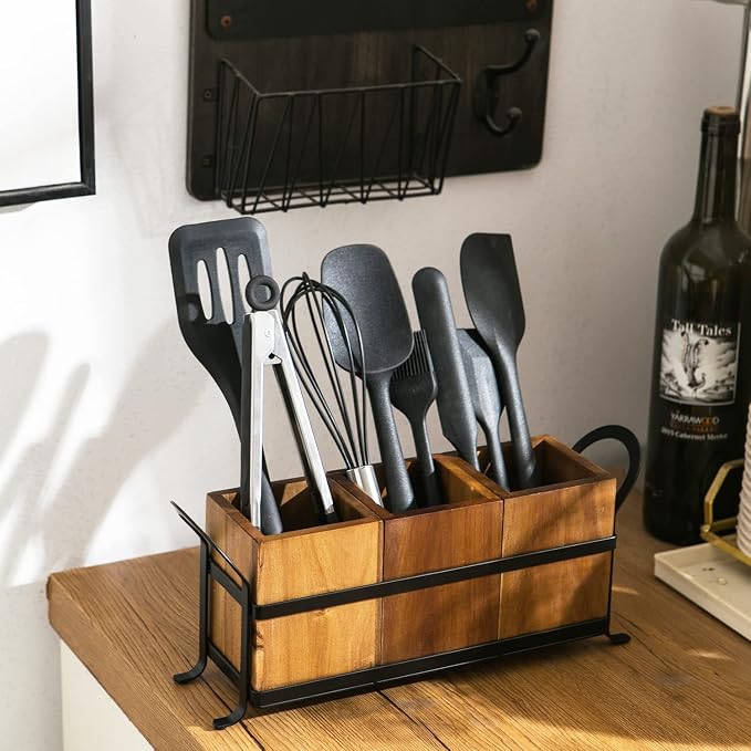 NelyBet Utensil Caddy Silverware Cutlery Holder with 3 Compartment, Wooden Utensil Crock Flatware Organizers with Metal Tray, Rustic Kitchen Utensil Organizers for Farmhouse Kitchen and Countertop - Image 5