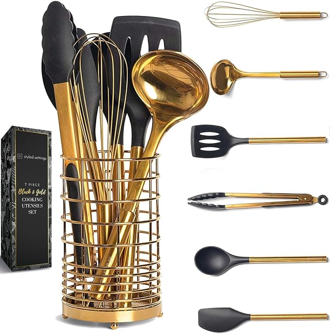 Styled Settings Black and Gold Kitchen Utensils Set with Holder, 7-Piece | Nonstick BPA-Free Silicone Cooking Utensils Set with Gold Utensil Holder, Luxury Kitchen Accessories by STYLEDSETTINGS