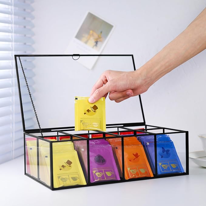 REDHUGO Glass Tea Bag Organizer, 8-Compartment Tea Storage Box, Black | Handmade glass tea bag box with lid and 8 compartments, keeps tea bags tidy for counters, kitchens and tea stations - Image 2