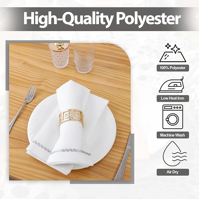Majestic Giftware Polyester Napkins - NPK2-SL | Set of 12 (20" x 20") White Silver Trim Design Dinner Napkins Cloth | Linen Look Washable Cloth Napkins Set for Weddings, Banquets, or Restaurants - Image 3