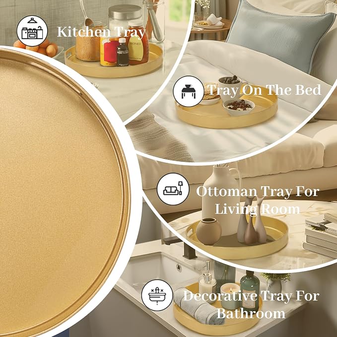 13" Gold Decorative Tray, Plastic Round Serving Tray with Handles | Decorative Tray for Coffee Table, Modern Ottoman Tray, Circle Tea Tray, Round Melamine Tray for Living Room, Bathroom - Image 7