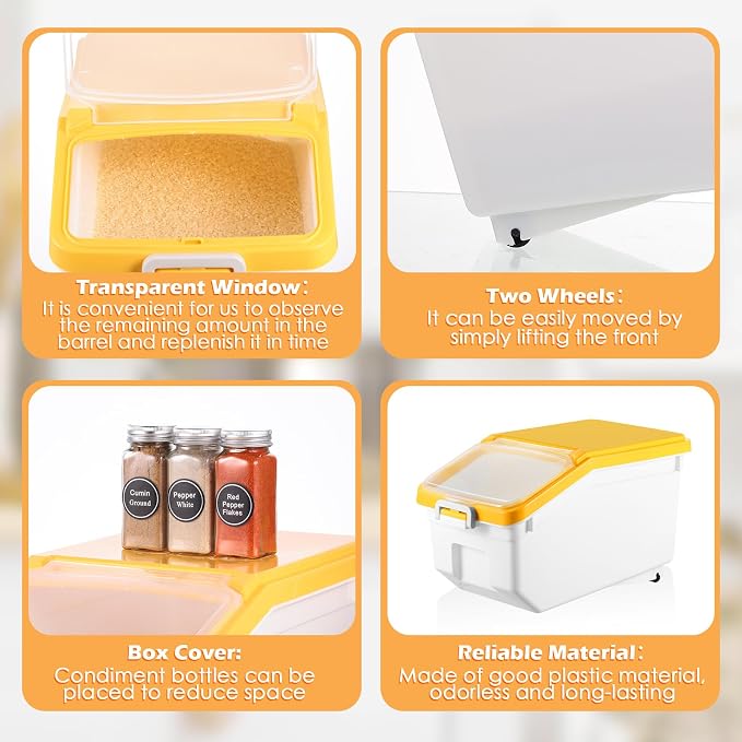4 Pcs Rice Storage Containers Bulk Flour Sugar Container Wheels Measuring Cups Set Airtight Pet Dog Cat Birds Food Bin Grain Cereal Organizer Box for Dry Baking(Yellow,22 lb) - Image 3