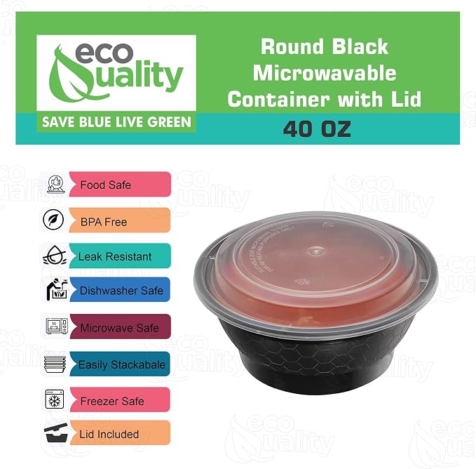 Meal Prep Containers 40oz Round Bowls with Lids, Disposable Food Storage Bento Box, Microwavable, Premium Bowl, Stir Fry, Ramen, Soup | Lunch Box | BPA Free | Freezer / Dishwasher Safe (Black, 150) - Image 2