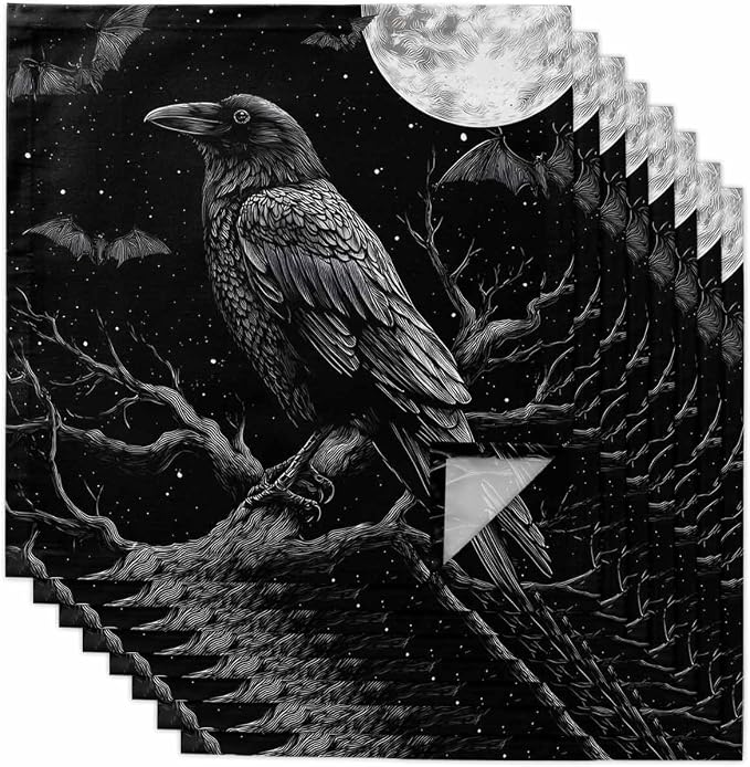 Kitchen Cloth Napkins 8 Pack Halloween Crow Bat Moon Dinner Napkins Soft Table Napkin for Family Dinners Cocktail Parties Wedding, Washable & Reusable, 20" x 20" by EwdeWwo