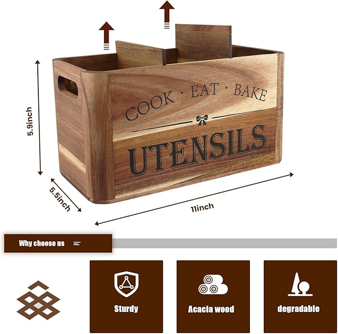 Utensil Holder for Kitchen Countertop - Extra Large 3 Compartment Wooden Organizer in Acacia Wood, Storage for Cooking Tools and Cutlery, Farmhouse Style for Home Cooking - Image 2