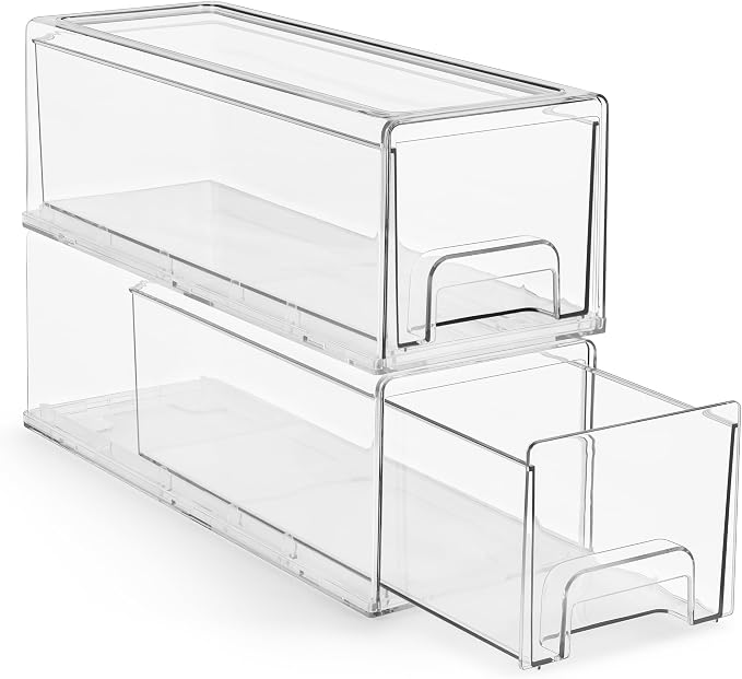 Sorbus Small Wide Clear Stackable Storage Drawers – 2-Pack Plastic Organizer Bins with Handles – Stackable Pull-Out Storage Drawers for Closet, Pantry, Office, Bathroom, Craft, and Toy Organization by Sorbus