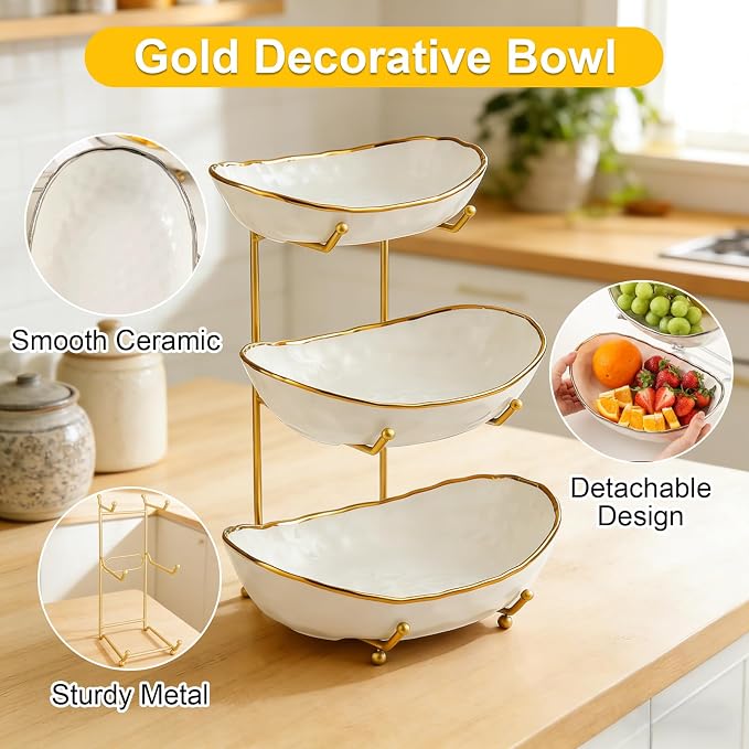 Fruit Bowl 3-Tier Ceramic With Gold Metal Stand Large Space Saving | Decorative Fruit Basket, Large Capacity, Space Saving Design, Ideal For Kitchen And Dining - Image 3