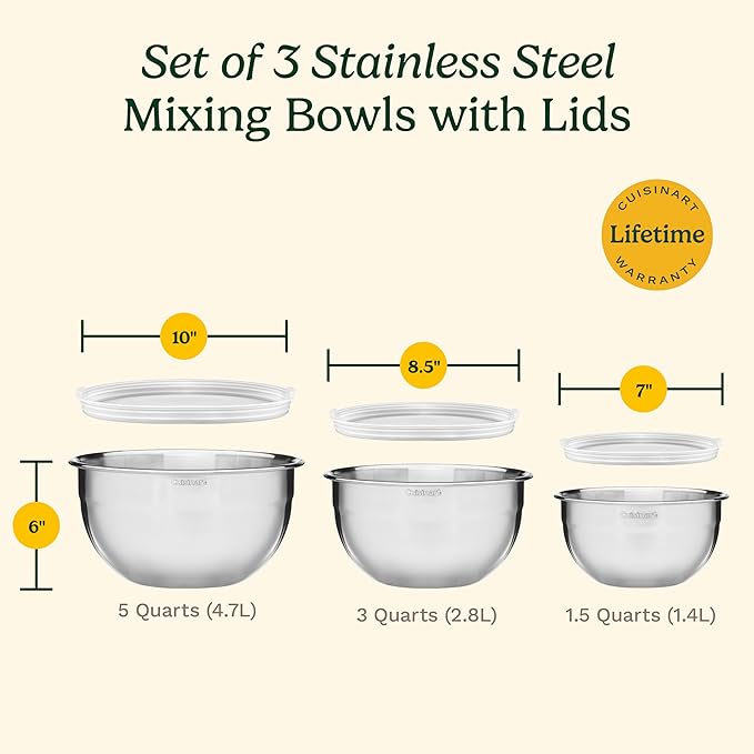 Cuisinart Mixing Bowl Set, Nesting Bowls, Stainless Steel, 3-Piece | 1.5, 3 & 5 qt. stainless steel mixing bowls for baking, cooking & prep, dishwasher safe, durable & compact, CTG-00-SMB - Image 6