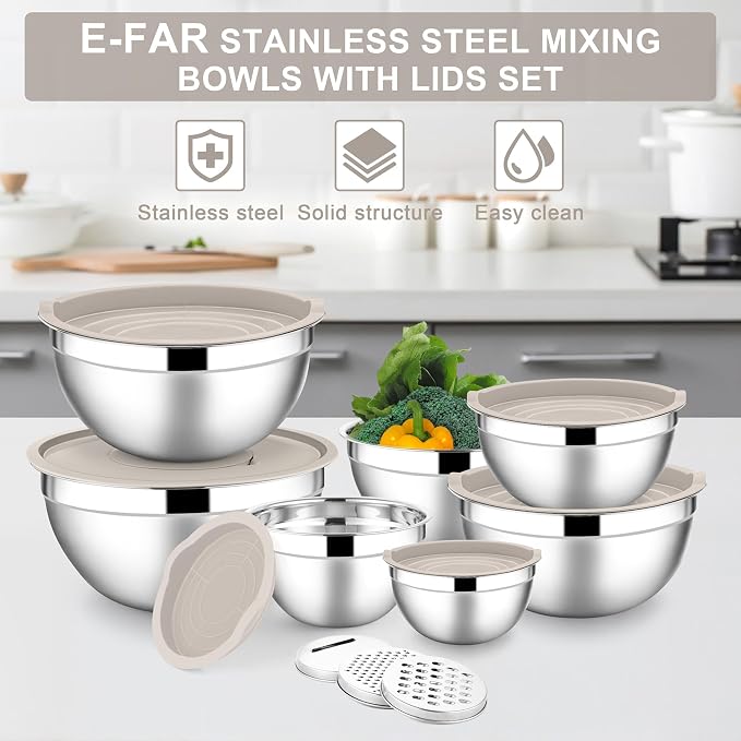 E-far Mixing Bowls with Lids Set, 7-Piece Stainless Steel Metal Mixing Bowls with Grater Attachments, Size 4.6, 3.5, 2.6, 2, 1.5, 1, 0.7QT, Nesting Design & Khaki Airtight Lids, For Cooking/Serving - Image 7