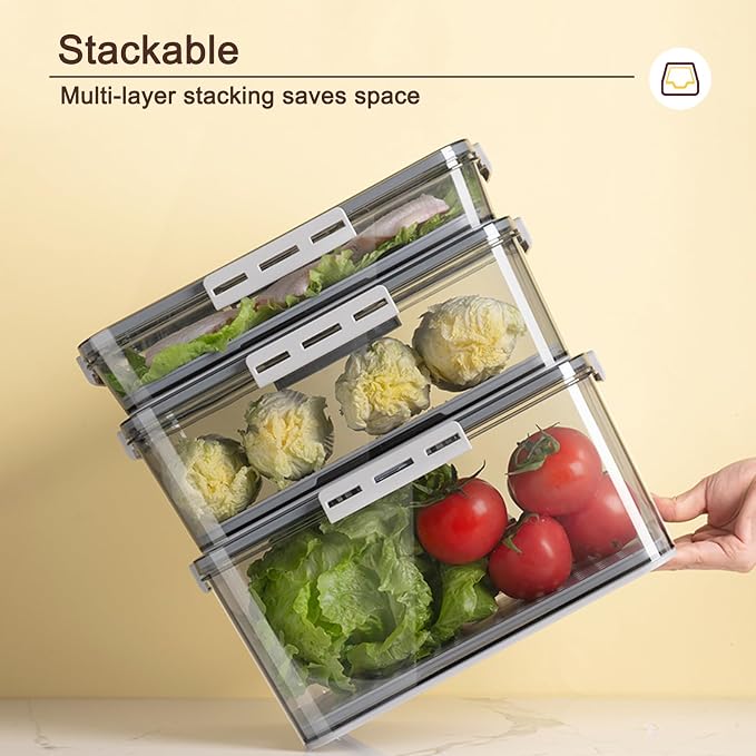 CottonColors Fridge Organizer, Food Storage Containers With Lids for Timer & Drain Board Stackable Refrigerator Organizers and Storage(Tall & Large, Small, 4.5 L + 2 L, 2 Pack) - Image 4