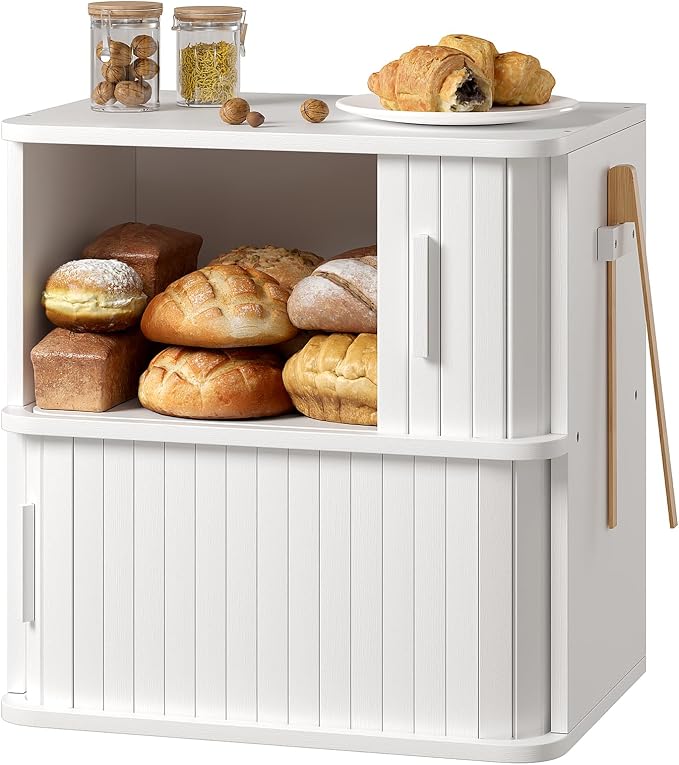 WOWLIVE 2-Tier Roll Top Bread Box for Kitchen Countertop Storage Cabinet | Double Layer Bamboo Bread Boxes with Sliding Doors, Extra Large Bread Storage Cabinet for Loaves & Pastries, White by WOWLIVE