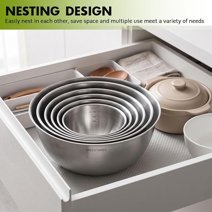 Greentainer Stainless Steel Mixing Bowls Set of 6, Nesting Bowls with Measurement Markings, 7.6 to 0.8 Qt for Baking, Prepping, Cooking and Serving Food, Large Metal Kitchen Bowls Dishwasher Safe - Image 7