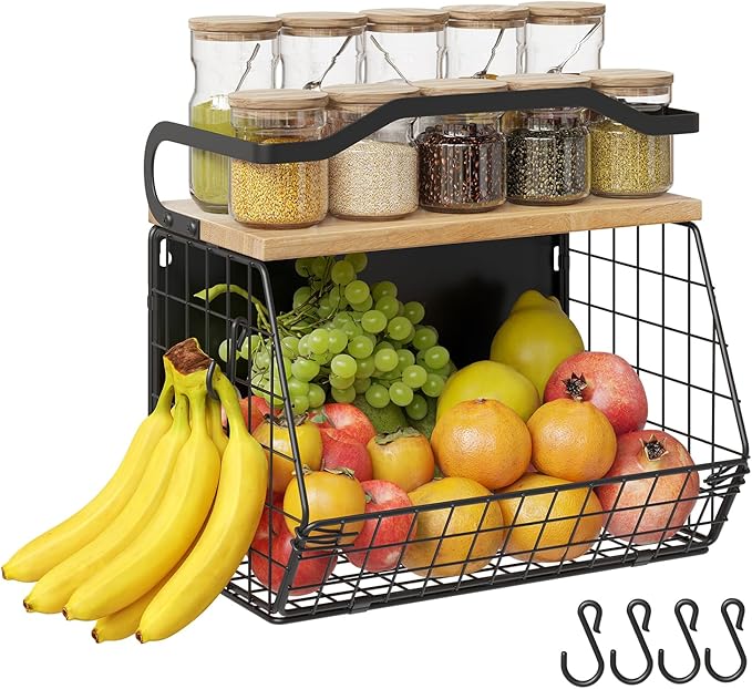 Magnetic Shelf for Fridge with Wood Lid, Heavy Duty Fruit Basket, Fruit Potato and Onion Storage Bins, Magnetic Spice Rack for Refrigerator, Black Hanging Wire Basket for Kitchen Counter by Mefirt