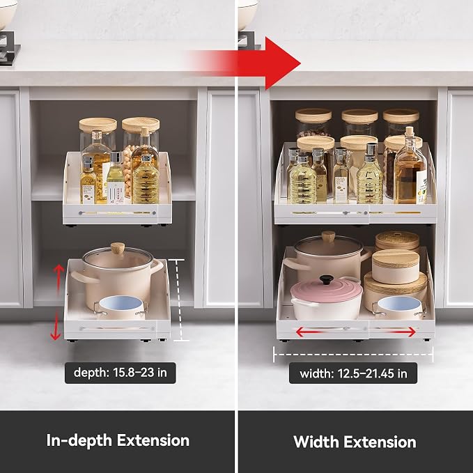 Pull Out Cabinet Organizer 15.8"-23"D&12.5"-21"W Raised Walls White | 5.5" Raised Side Walls Zero-Drill Adhesive Install 4-Way Expandable Design Triple-Rail Smooth Glide For Kitchen Cabinets - Image 4