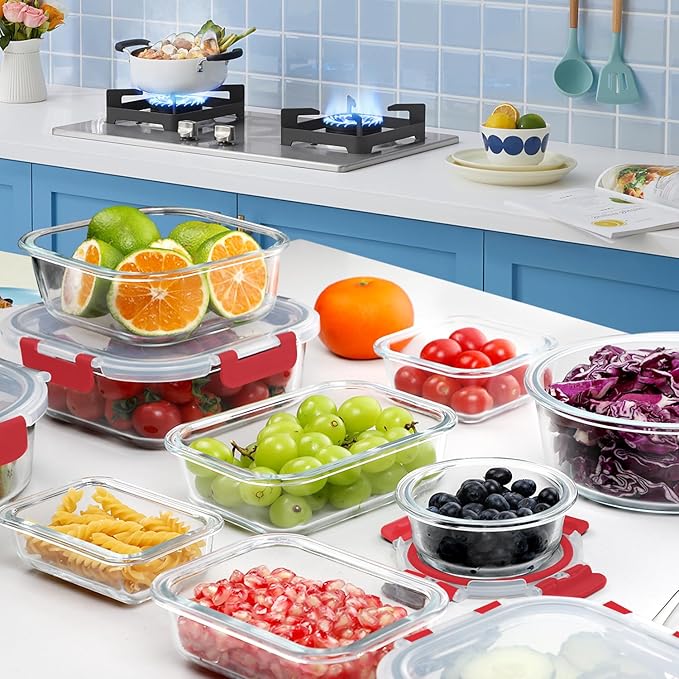 VERONES 30 Pieces Glass Food Storage Containers Set with Lids, Red | Stackable Glass Meal Prep Containers Set with Lids, Airtight Lunch Containers, for Microwave, Oven, Freezer & Dishwasher - Image 7