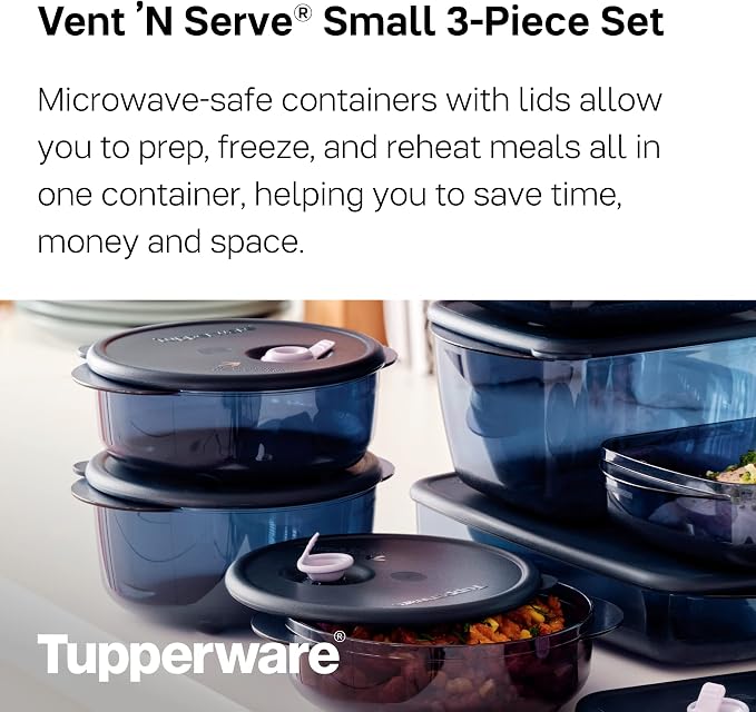 Tupperware Brand Vent ‘N Serve Container Set - 3 Small Round Containers to Prep, Freeze & Reheat Meals + Lids - Dishwasher, Microwave & Freezer Safe - BPA Free - Image 2