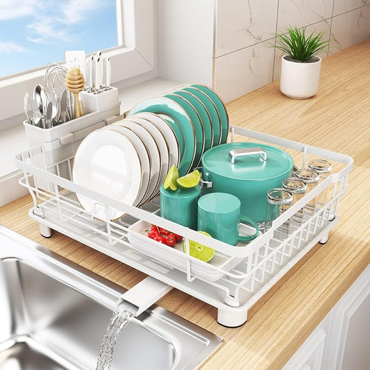 Dish Drying Rack - Space Saving Dish Rack - Dish Racks for Kitchen Counter with Drainboard,Rustproof Dish Drainer with Removable Utensil Holder,White by Ricobes