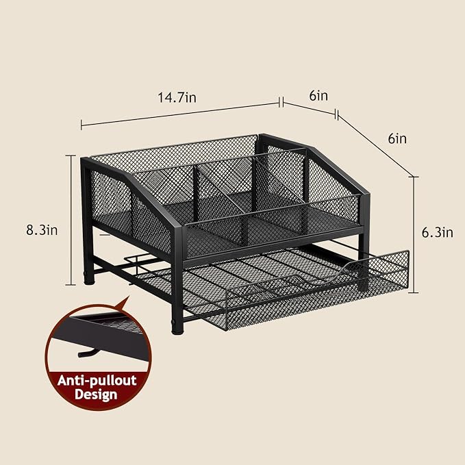 Coffee Bar Organizer - Coffee Station for Countertop, Metal and Wood K Cup holder Storage Basket with Drawer for Syrup, Cups, Stirrer, Condiment, Tea Organizer, Black - Image 2