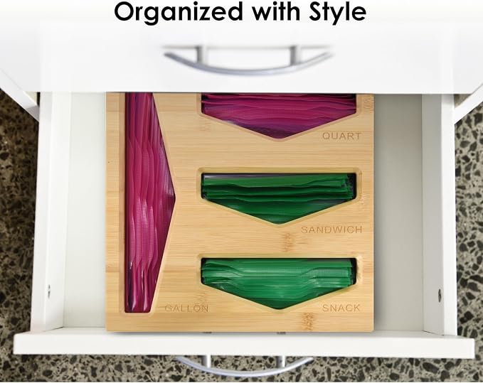 Bamboo Bag Storage Organizer for Kitchen Drawer, Baggie organizer, Compatible with Gallon, Quart, Sandwich and Snack Variety Size Bags (Natural Bamboo) - Image 2