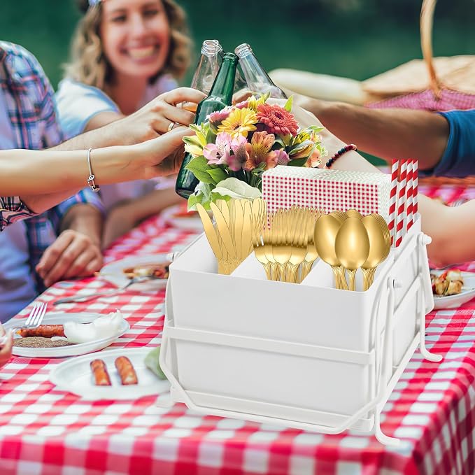 NelyBet Silverware Caddy Utensil Holder With Handle,Outdoor Silverware Holder Picnic Caddy and Camping Utensil Organizer, Flatware Holder for Party Gatherings, Metal -White - Image 2