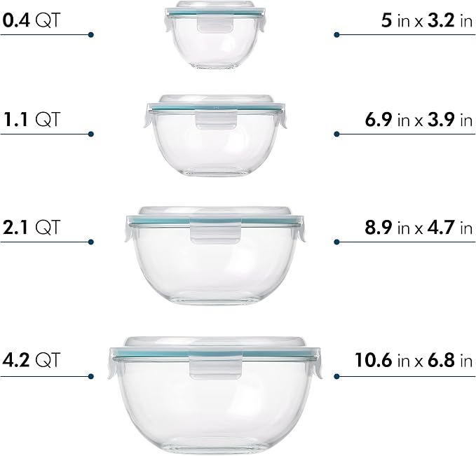 Glasslock Mixing Bowl with Latching Lids 8-Pieces Set – Airtight, Leakproof, BPA Free Lids, Nesting, Meal Prep, Baking, Salad, Food Storage & Serving Bowl, Microwave, Fridge & Freezer, Dishwasher Safe - Image 2