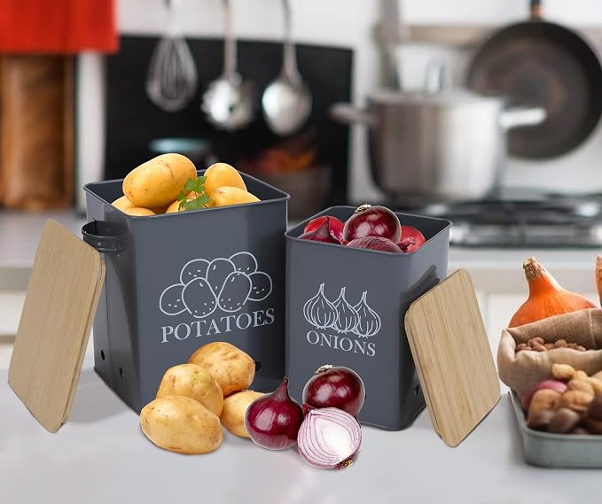 Kitchen Vegetable Storage Tins Set of 2, Onion and Potato Storage Bins with Wooden Lid and Aerating Holes, Garlic Bin Caddy, Vintage Kitchen Decor, Grey - Image 5