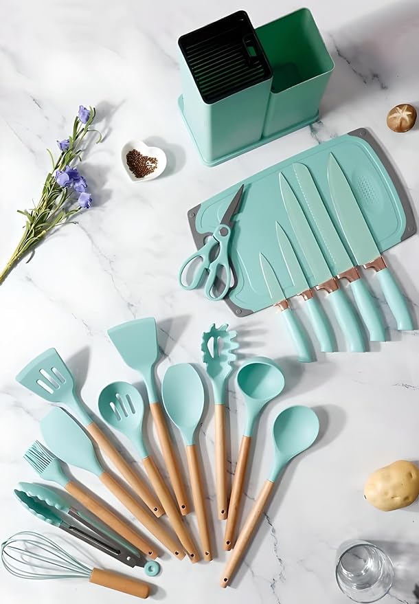19-Piece Kitchen Utensils Set - Silicone Cooking Utensils, Non-Toxic Spatula Set, Kitchen Tools, Cutting Board, Cooking utensils set (Green) - Image 3