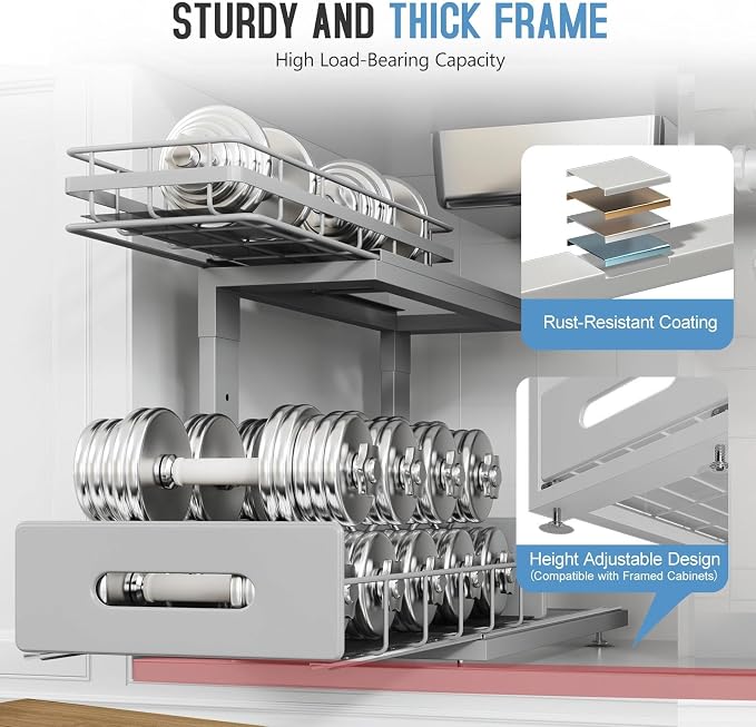 Under Sink Organizer Upgrade To Professional Rails,2-Tier Dual Pull Out Cabinet Storage,Height Adjustable Slide Out Drawers For Bathroom Kitchen,2 Pack-16.7"Dx12.8"-16.9"H,Gun Gray - Image 4