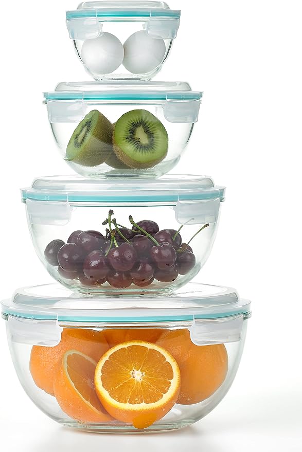 Glasslock Mixing Bowl with Latching Lids 8-Pieces Set – Airtight, Leakproof, BPA Free Lids, Nesting, Meal Prep, Baking, Salad, Food Storage & Serving Bowl, Microwave, Fridge & Freezer, Dishwasher Safe by Glasslock